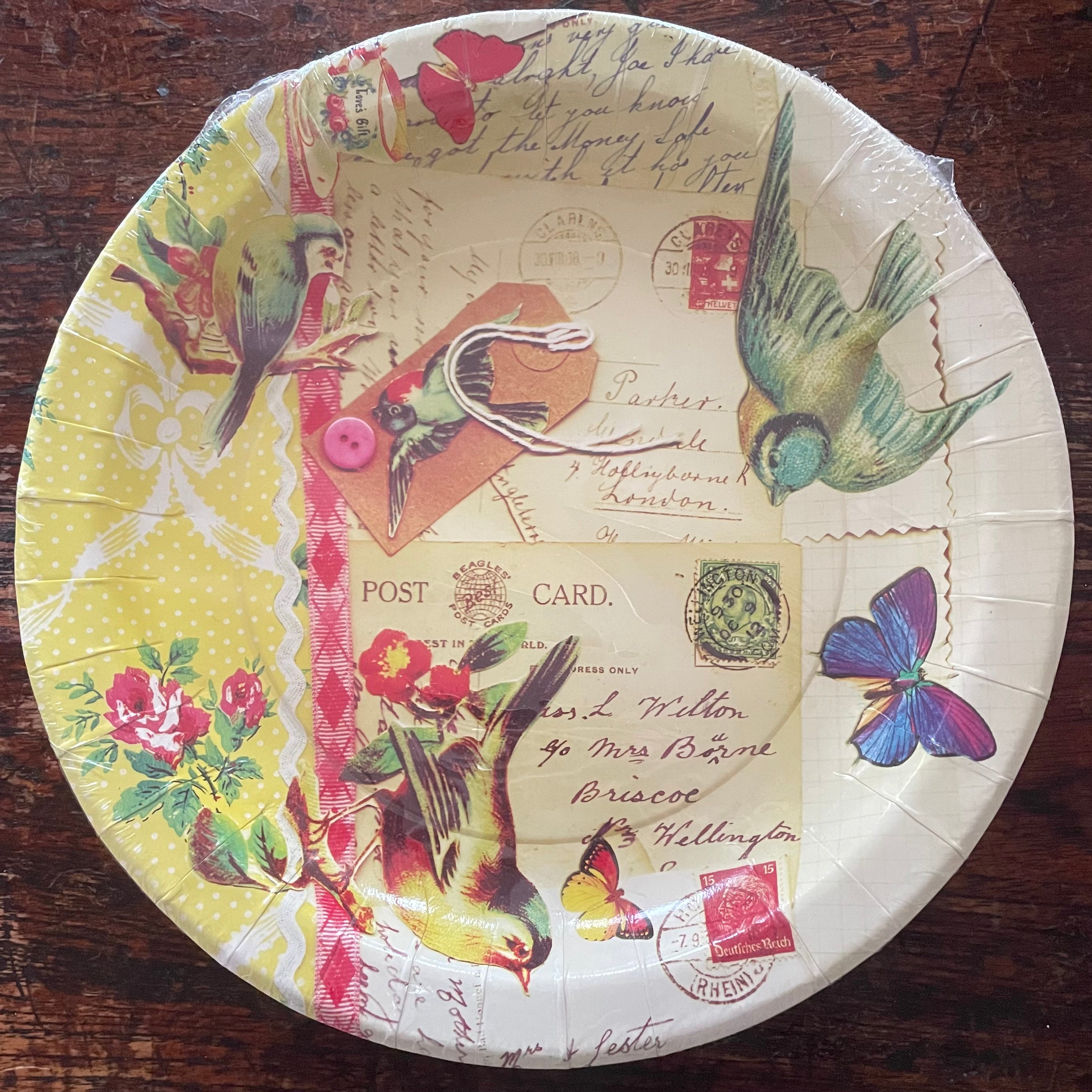 Vintage paper picnic plates: birds & butterflies - Set of 5