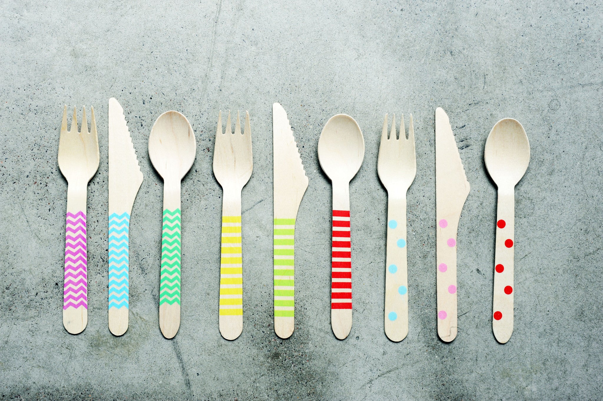 Decorated Wooden Cutlery: Chevron, Spots & Stripes: 7 Colours